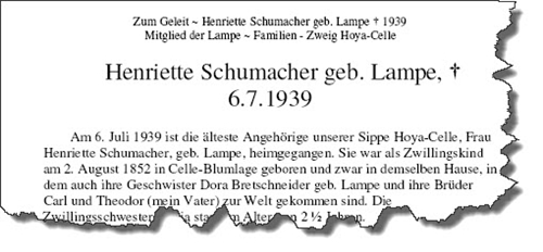 Nachruf auf Henriette Schumacher geb. Lampe