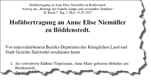 Hofübertragung an Anne Elise Niemüller zu Böddenstedt