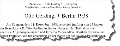 Nachruf auf Otto Gerding aus Berlin +1938